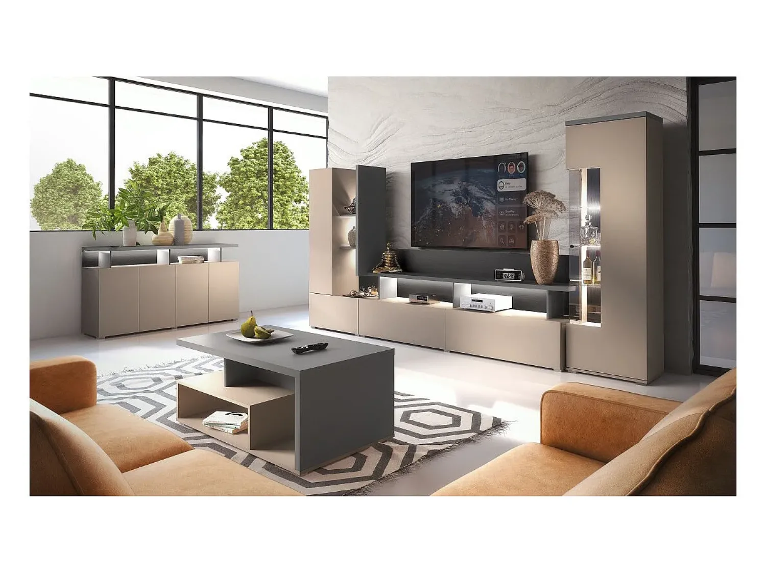 Vitrina|Meublorama Vitrine 1 porta coleção NESS – Acabamento Congo & Antracite – 10 nichos de armazenamento – Sem LED Bege