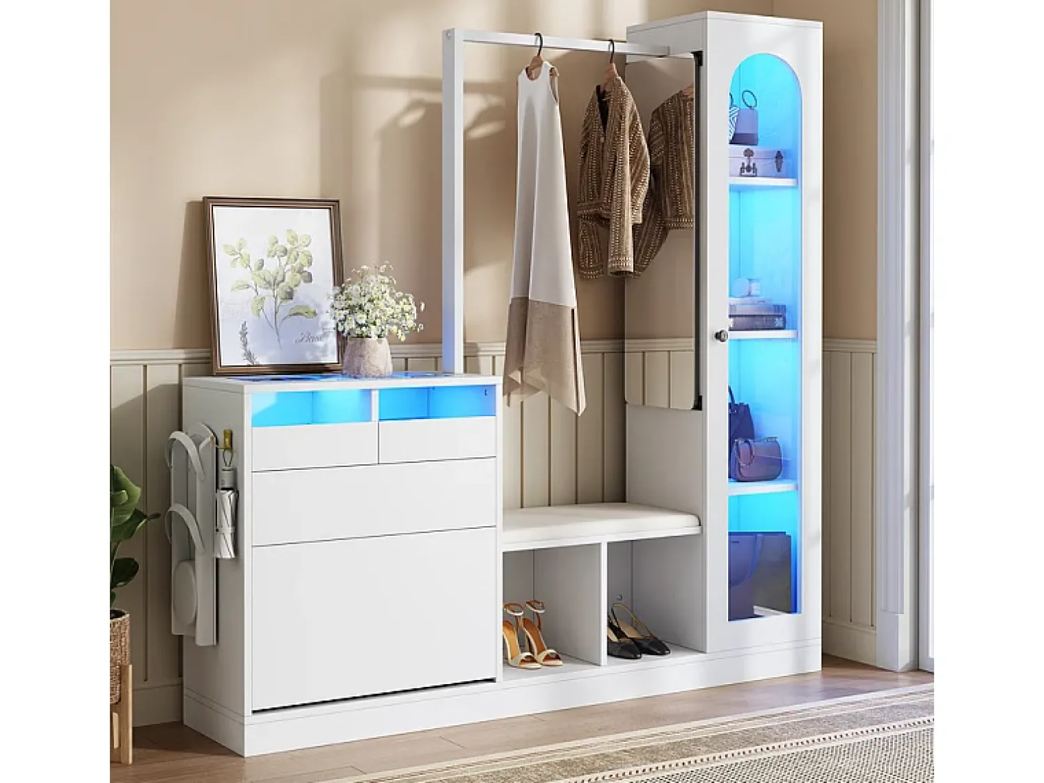New DripeX Vitrine 1 porta de vidro 6 em 1 - com LED, Espelho, móvel de sapatos de abater, penteadeira, 2 gavetas - 163x35x161cm Branco
