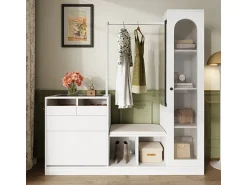 New DripeX Vitrine 1 porta de vidro 6 em 1 - com LED, Espelho, móvel de sapatos de abater, penteadeira, 2 gavetas - 163x35x161cm Branco
