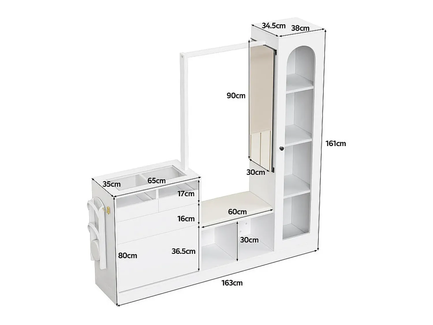New DripeX Vitrine 1 porta de vidro 6 em 1 - com LED, Espelho, móvel de sapatos de abater, penteadeira, 2 gavetas - 163x35x161cm Branco