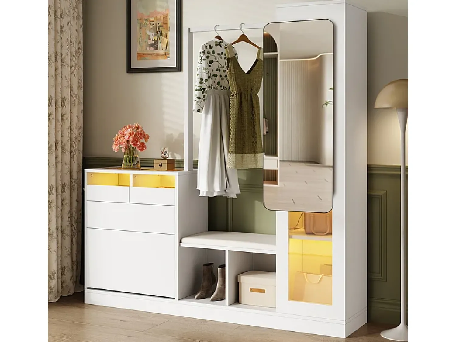 New DripeX Vitrine 1 porta de vidro 6 em 1 - com LED, Espelho, móvel de sapatos de abater, penteadeira, 2 gavetas - 163x35x161cm Branco