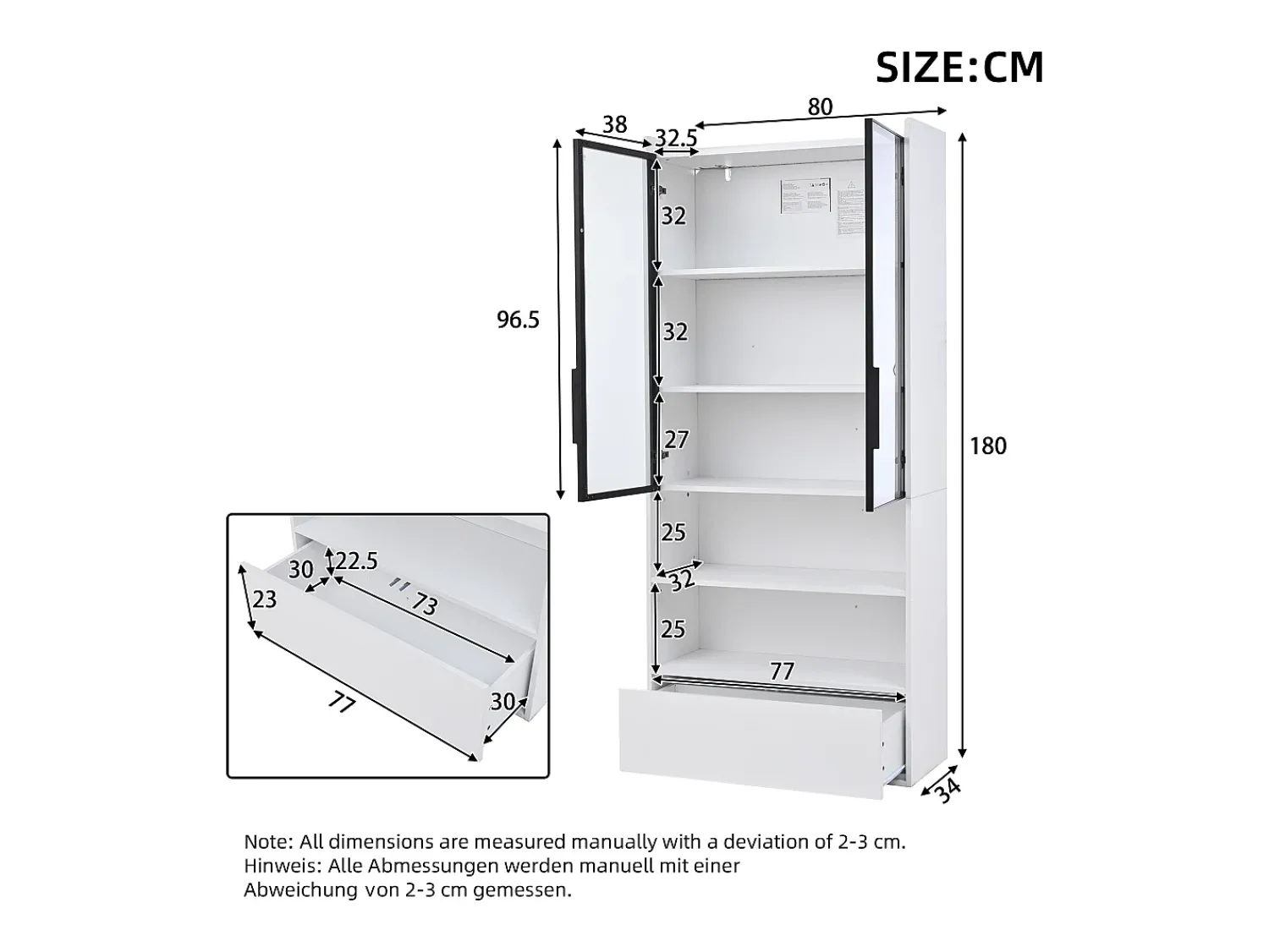 Vitrina|Hauss Spole Vitrine alta branca de 80x34x180 cm com gaveta, portas de vidro e iluminação LED. Branco