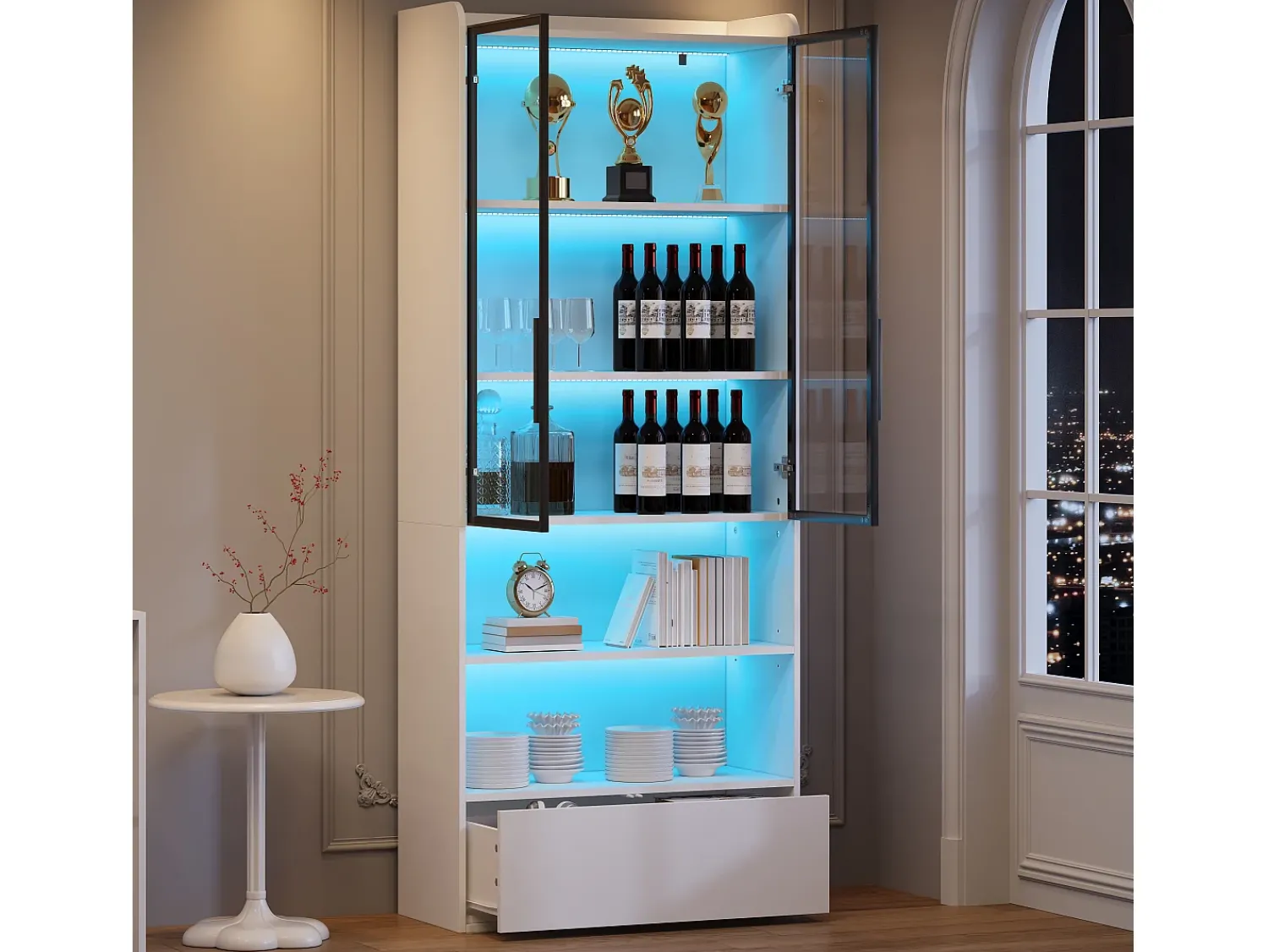 Vitrina|Hauss Spole Vitrine alta branca de 80x34x180 cm com gaveta, portas de vidro e iluminação LED. Branco