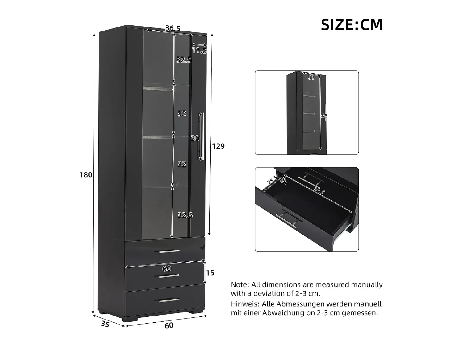 Hauss Spole Vitrine alta com 3 gavetas e 1 porta em acrílico, estrutura em MDF lacado , LED incluído - 60x35x180cm^ Vitrina