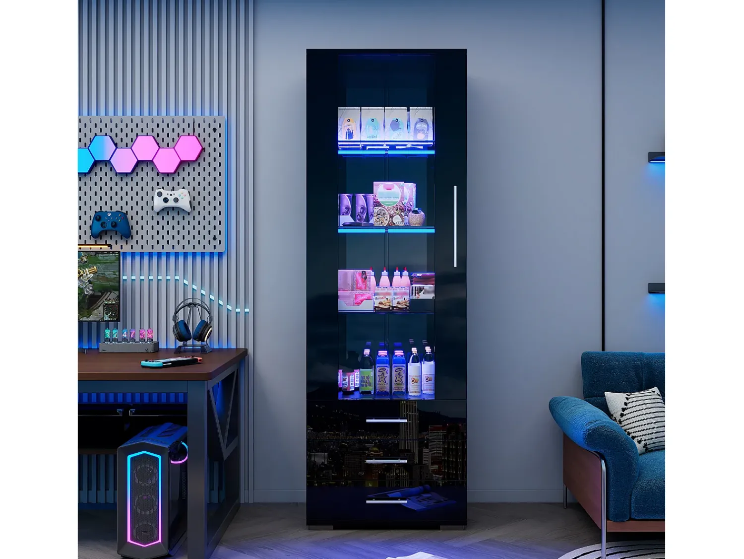Hauss Spole Vitrine alta com 3 gavetas e 1 porta em acrílico, estrutura em MDF lacado , LED incluído - 60x35x180cm^ Vitrina