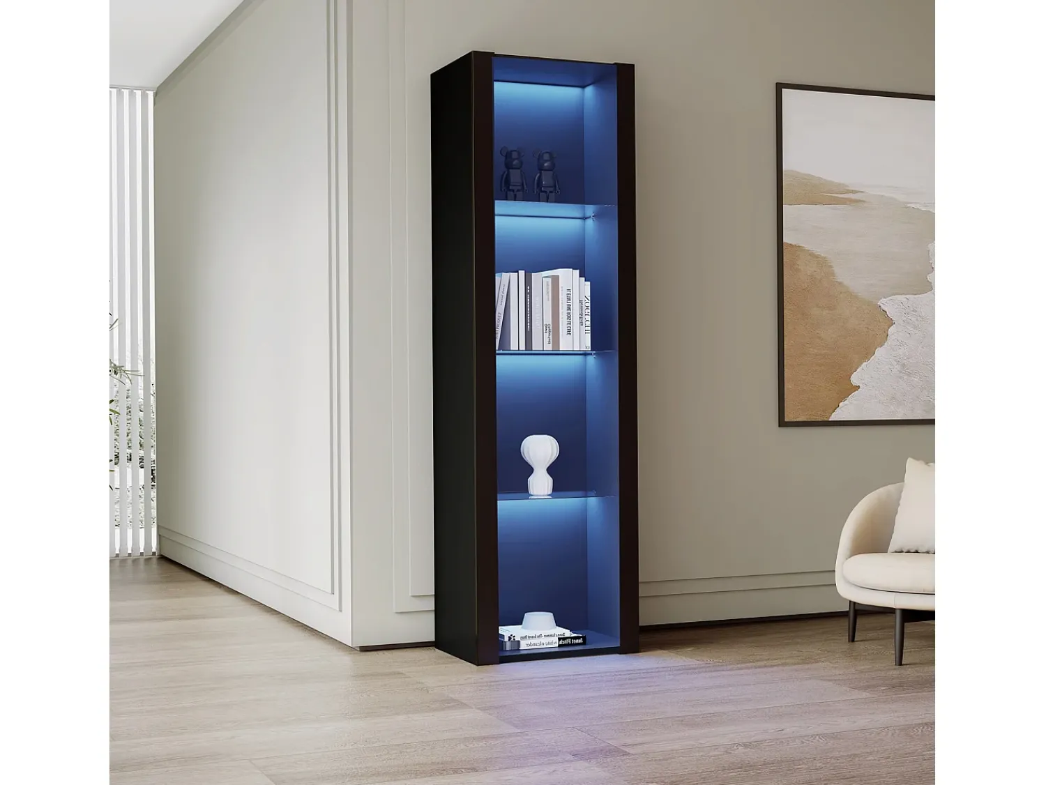 Discount Hauss Spole Vitrine alta com 3 prateleiras de vidro, corpo em MDF lacado , LED incluído - 55x38x166cm Preto