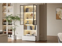 Best Merax Vitrine alta de vidro - 80 x 34 x 180 cm - com 1 gaveta + portas de vidro + LEDs + prateleira aberta - MDF + vidro - branca Branco