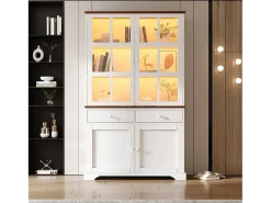 Vitrina*Merax Vitrine alta de vidro - 120 x 36,5 x 200 cm - com 2 gavetas + 4 portas + LEDs - móvel para sala de estar - MDF - branca Branco