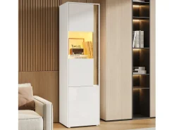 Vitrina|Merax Vitrine alta moderna - 50 x 40 x 179 cm - com LEDs + 4 portas - para sala de estar/escritório - Acrílico + aglomerado - e natural Branco