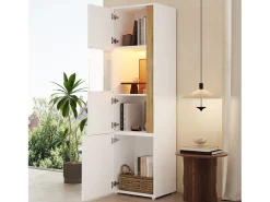 Vitrina|Merax Vitrine alta moderna - 50 x 40 x 179 cm - com LEDs + 4 portas - para sala de estar/escritório - Acrílico + aglomerado - e natural Branco