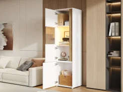 Vitrina|Merax Vitrine alta moderna - 50 x 40 x 179 cm - com LEDs + 4 portas - para sala de estar/escritório - Acrílico + aglomerado - e natural Branco
