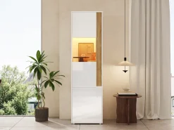 Vitrina|Merax Vitrine alta moderna - 50 x 40 x 179 cm - com LEDs + 4 portas - para sala de estar/escritório - Acrílico + aglomerado - e natural Branco