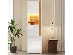 Vitrina|Merax Vitrine alta moderna - 50 x 40 x 179 cm - com LEDs + 4 portas - para sala de estar/escritório - Acrílico + aglomerado - e natural Branco