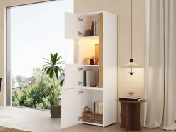 Vitrina|Merax Vitrine alta moderna - 50 x 40 x 179 cm - com LEDs + 4 portas - para sala de estar/escritório - Acrílico + aglomerado - e natural Branco