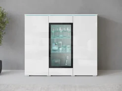 Vitrina| Vitrine alta moderna 120 cm para sala 3 portas corpo mate e frentes brilho Branco