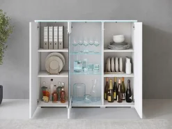 Vitrina| Vitrine alta moderna 120 cm para sala 3 portas corpo mate e frentes brilho Branco