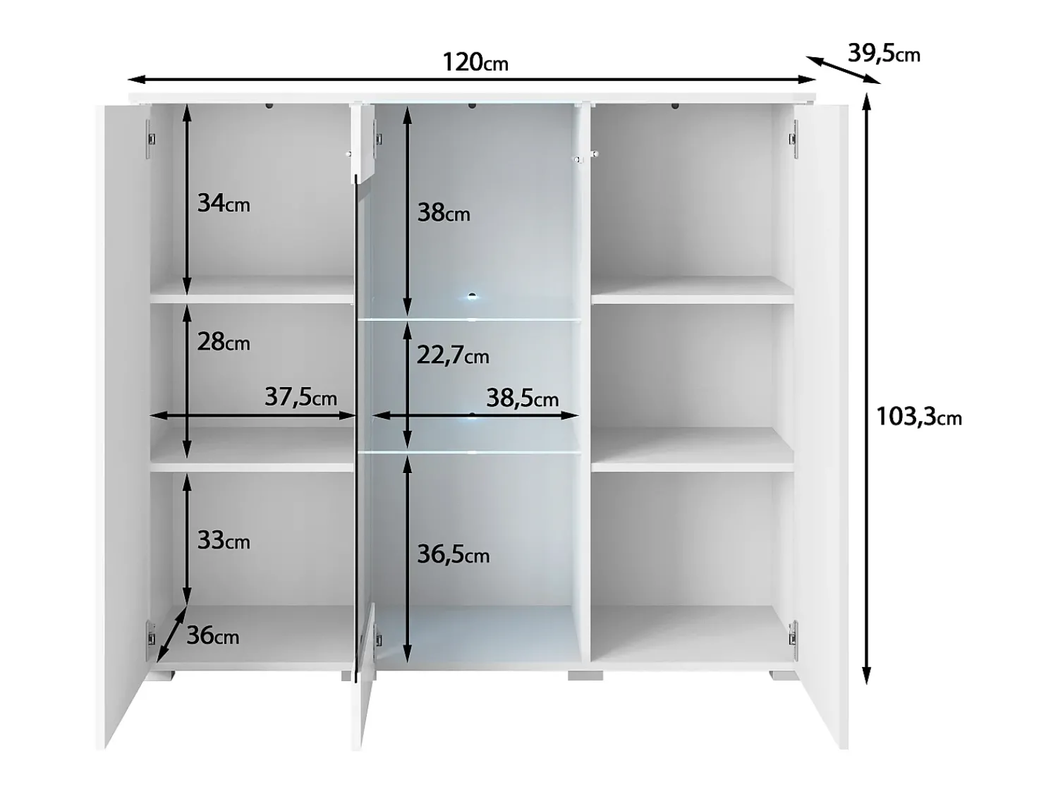 Vitrina| Vitrine alta moderna 120 cm para sala 3 portas corpo matera mate e frentes branco brilho Cinza antracite / Branco