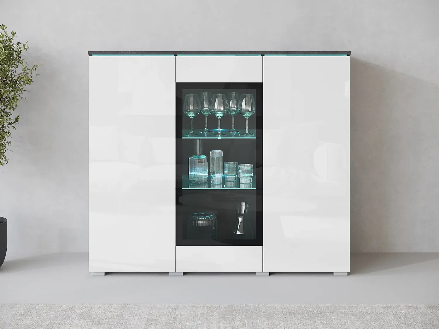 Vitrina| Vitrine alta moderna 120 cm para sala 3 portas corpo matera mate e frentes branco brilho Cinza antracite / Branco