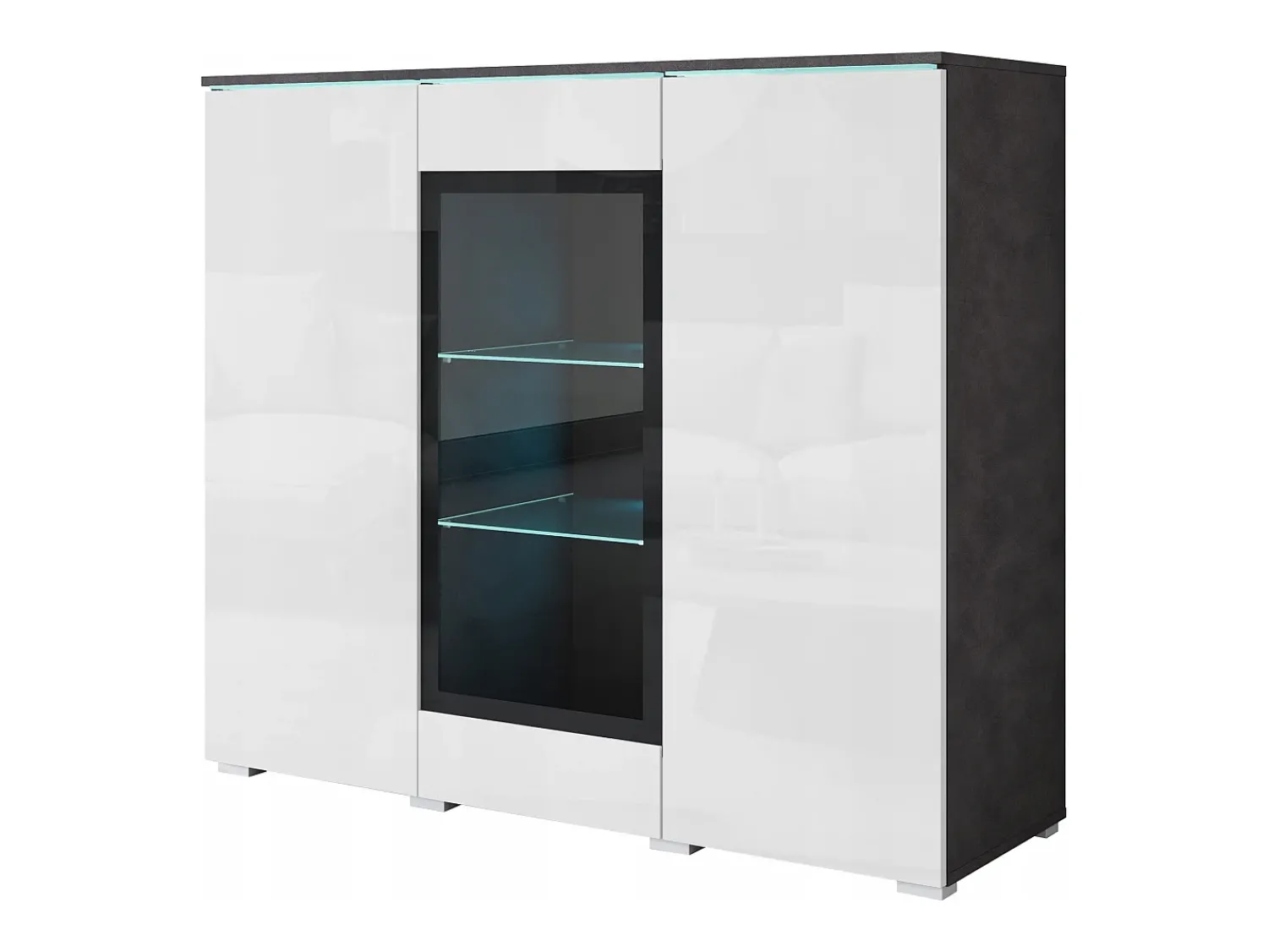 Vitrina| Vitrine alta moderna 120 cm para sala 3 portas corpo matera mate e frentes branco brilho Cinza antracite / Branco