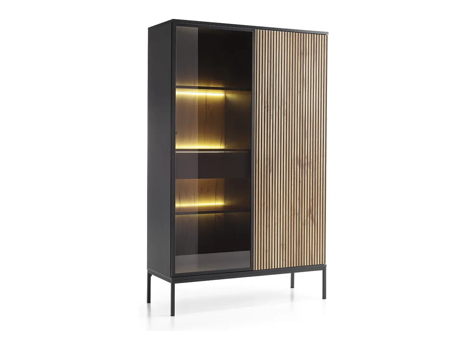 Vitrina* Vitrine alta moderna com frente canelada, 104×166×39 cm, Preto / Carvalho Wotan Bege
