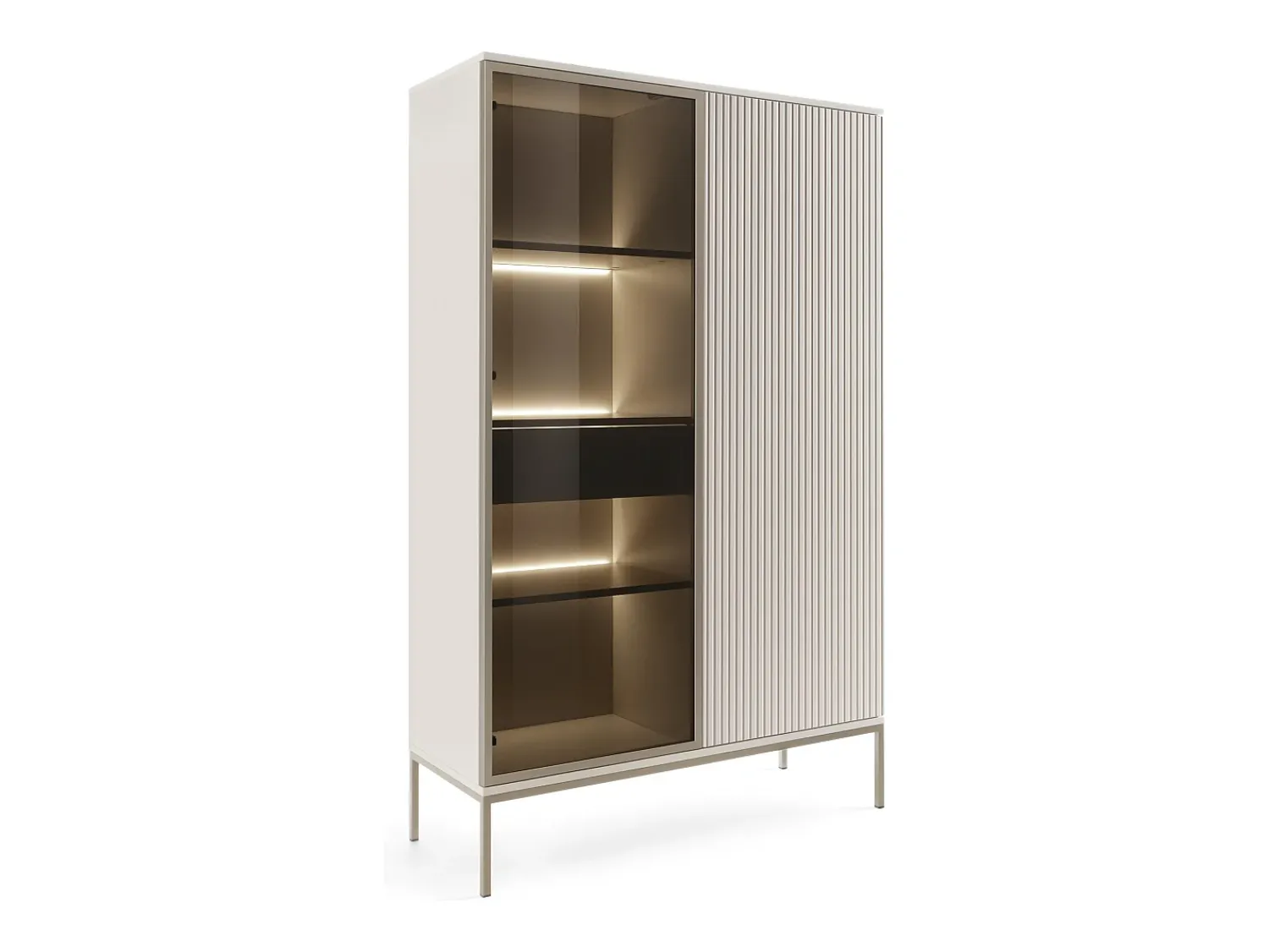 Vitrina| Vitrine alta moderna com frente canelada, 104×166×39 cm, Caxemira / Ouro Castanho