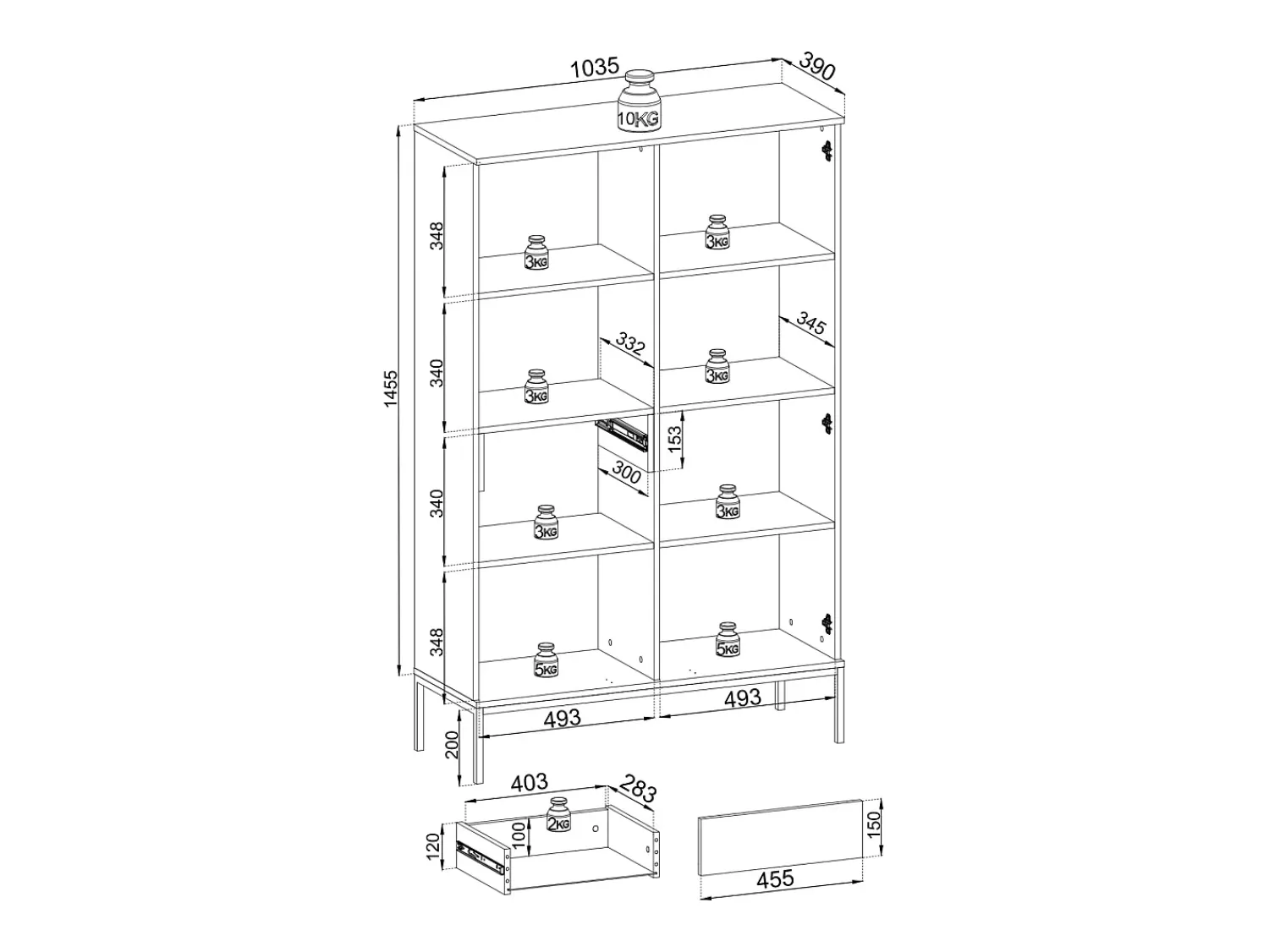 Vitrina| Vitrine alta moderna com frente canelada, 104×166×39 cm, Caxemira / Ouro Castanho