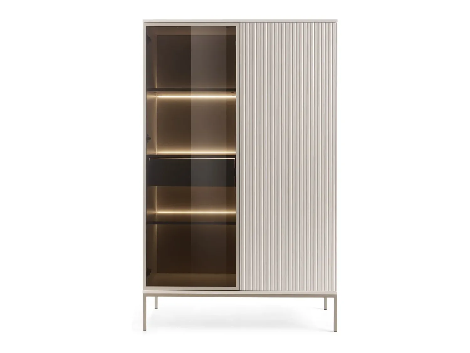 Vitrina| Vitrine alta moderna com frente canelada, 104×166×39 cm, Caxemira / Ouro Castanho