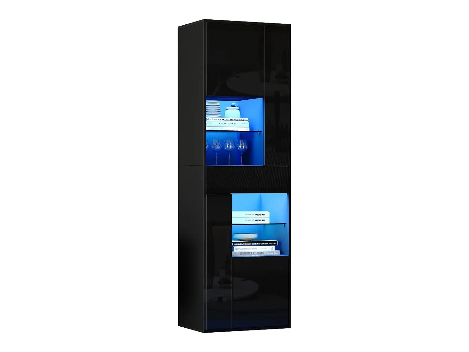 ModernLuxe Vitrine alto brilho 55x38x170 cm - 1 gaveta e 4 portas - com iluminação LED - Preto
