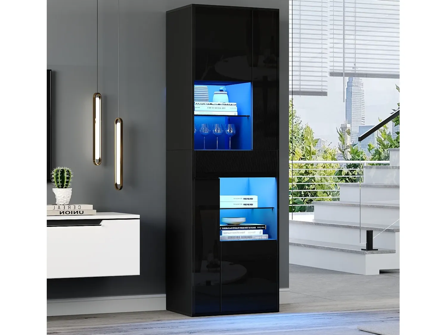 ModernLuxe Vitrine alto brilho 55x38x170 cm - 1 gaveta e 4 portas - com iluminação LED - Preto
