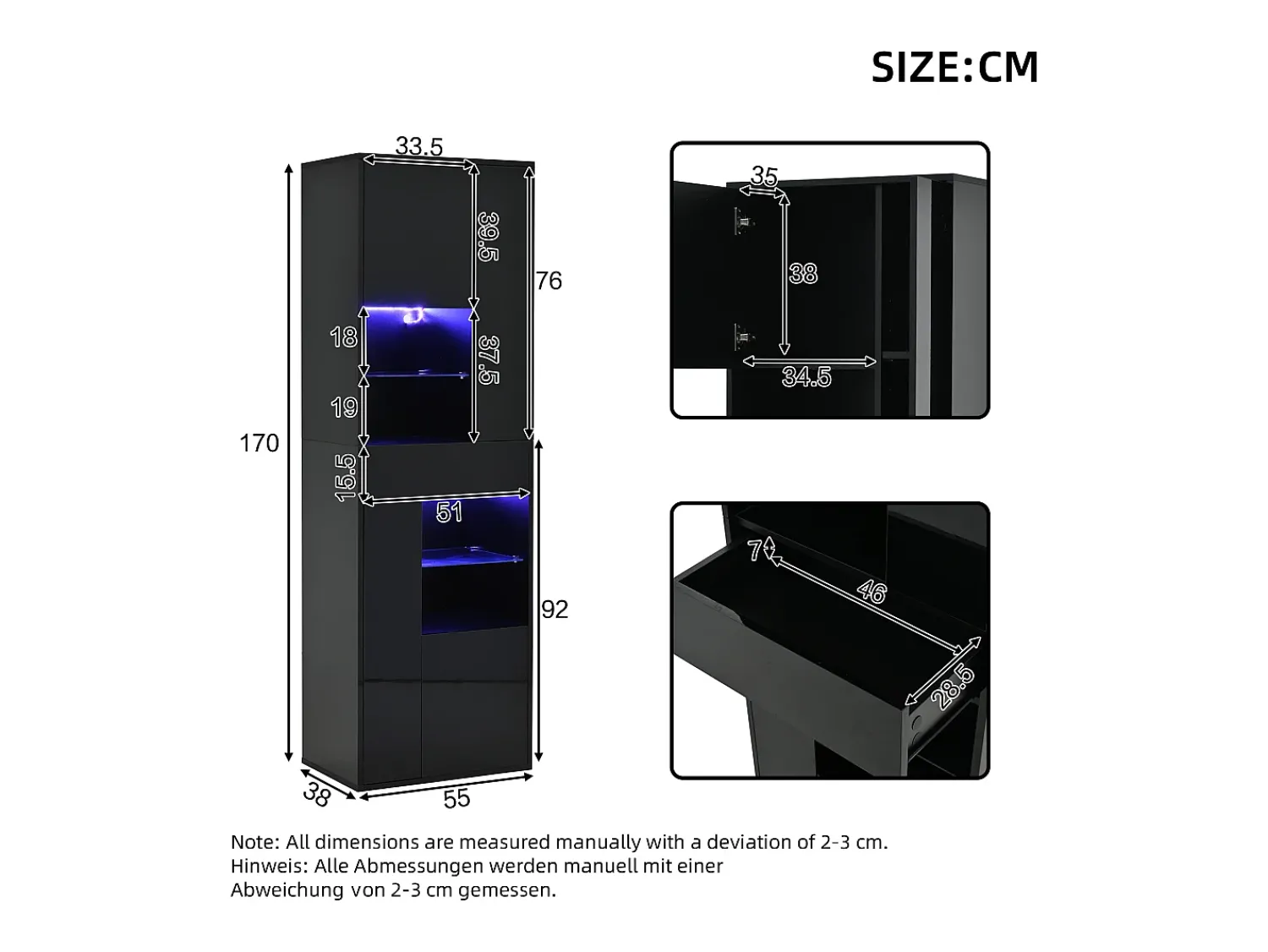 ModernLuxe Vitrine alto brilho 55x38x170 cm - 1 gaveta e 4 portas - com iluminação LED - Preto