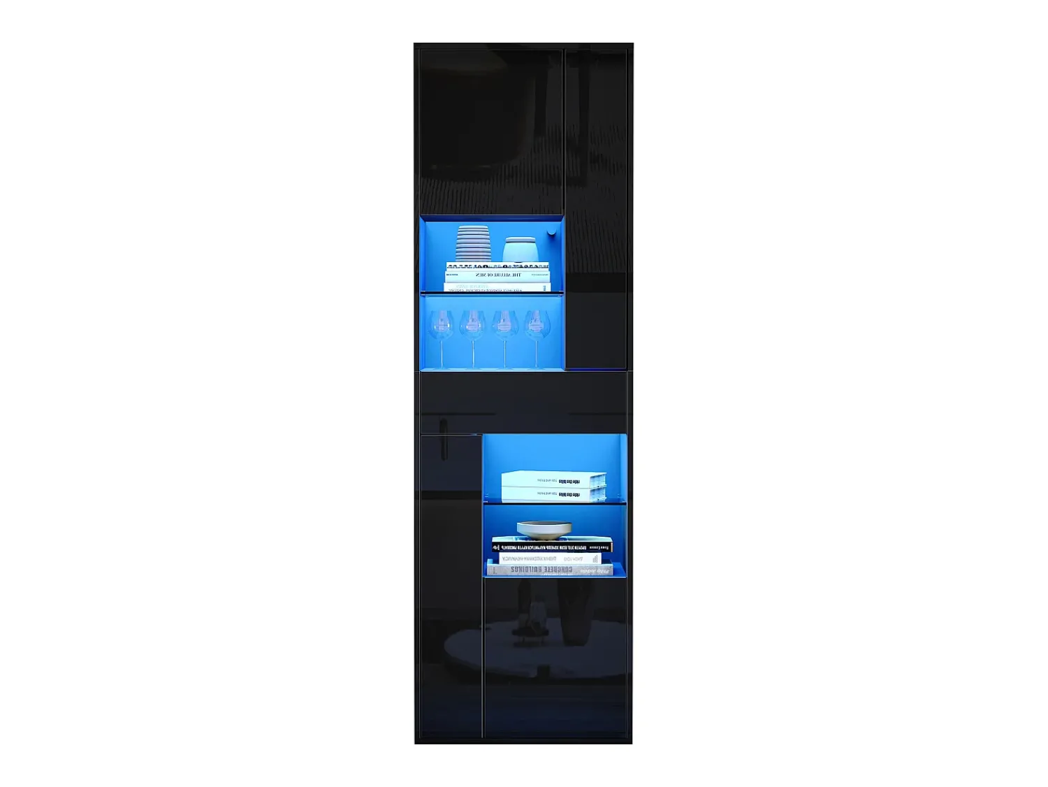 ModernLuxe Vitrine alto brilho 55x38x170 cm - 1 gaveta e 4 portas - com iluminação LED - Preto