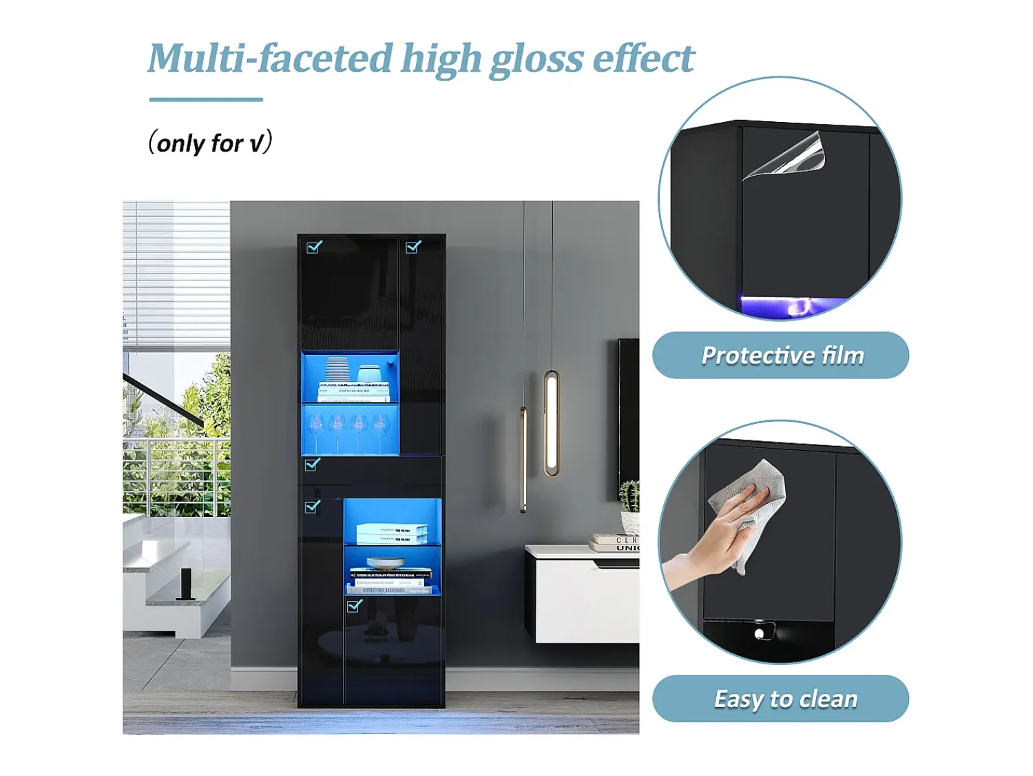ModernLuxe Vitrine alto brilho 55x38x170 cm - 1 gaveta e 4 portas - com iluminação LED - Preto