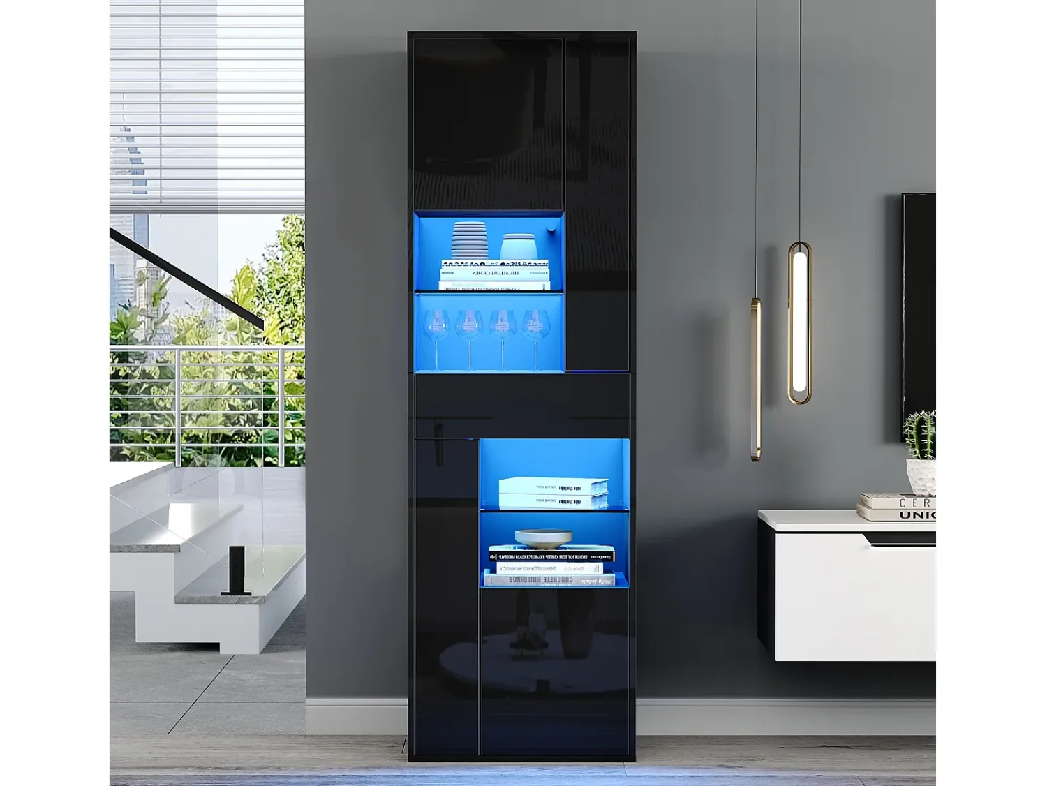 ModernLuxe Vitrine alto brilho 55x38x170 cm - 1 gaveta e 4 portas - com iluminação LED - Preto