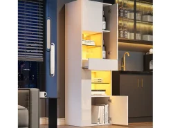 Hauss Spole Vitrine branca com 1 gaveta, 4 portas e iluminação LED, prateleiras em vidro, 55x38x170 cm^ Vitrina