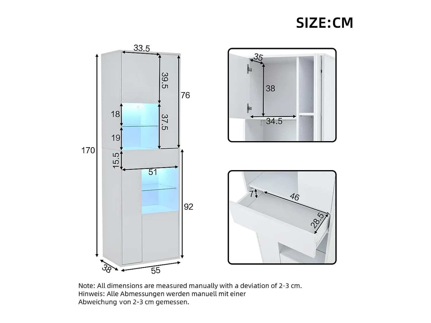 Hauss Spole Vitrine branca com 1 gaveta, 4 portas e iluminação LED, prateleiras em vidro, 55x38x170 cm^ Vitrina