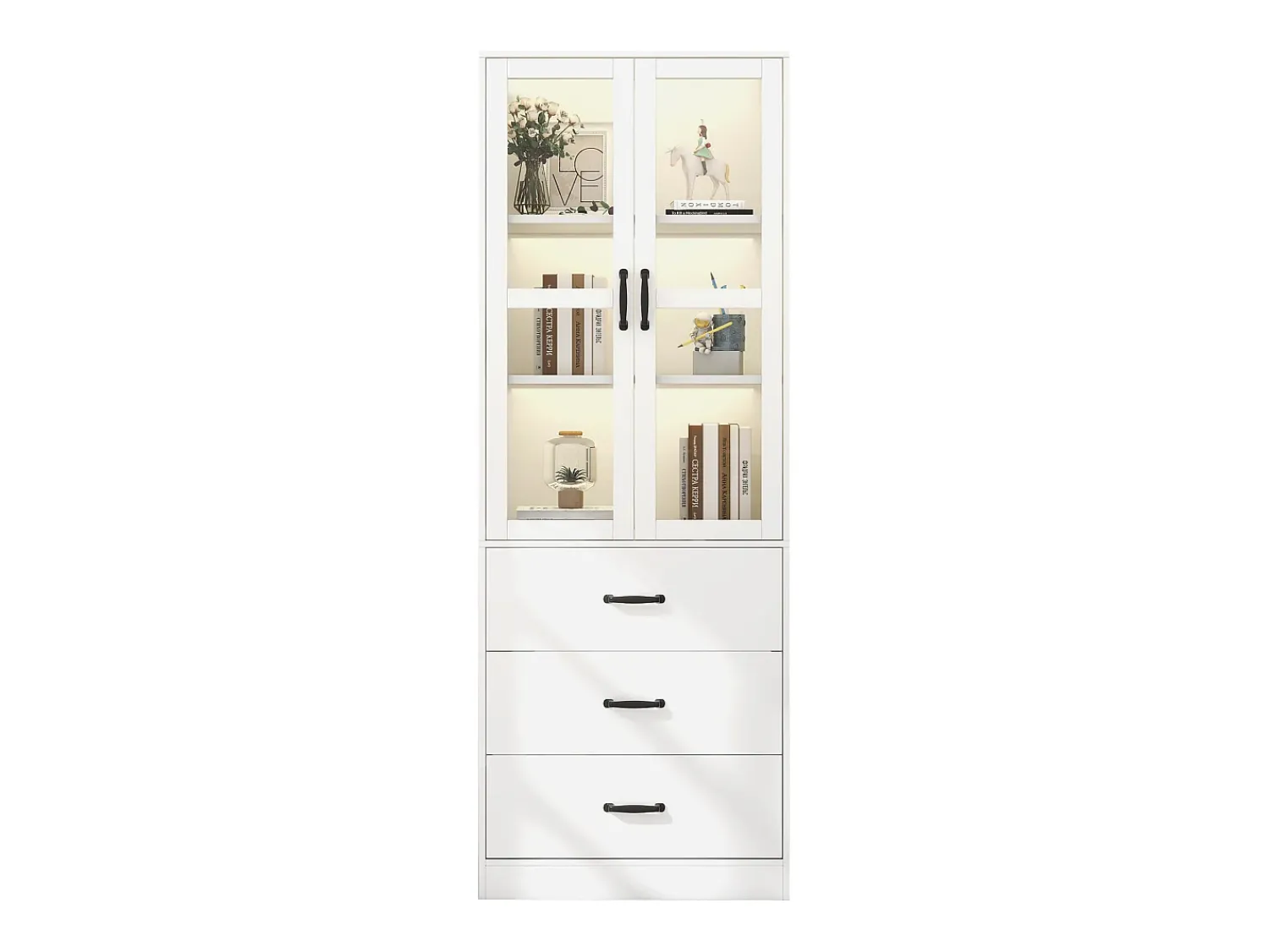 Vitrina|Hauss Spole Vitrine branca com 3 gavetas, 2 portas de vidro e luzes LED, prateleiras ajustáveis Branco