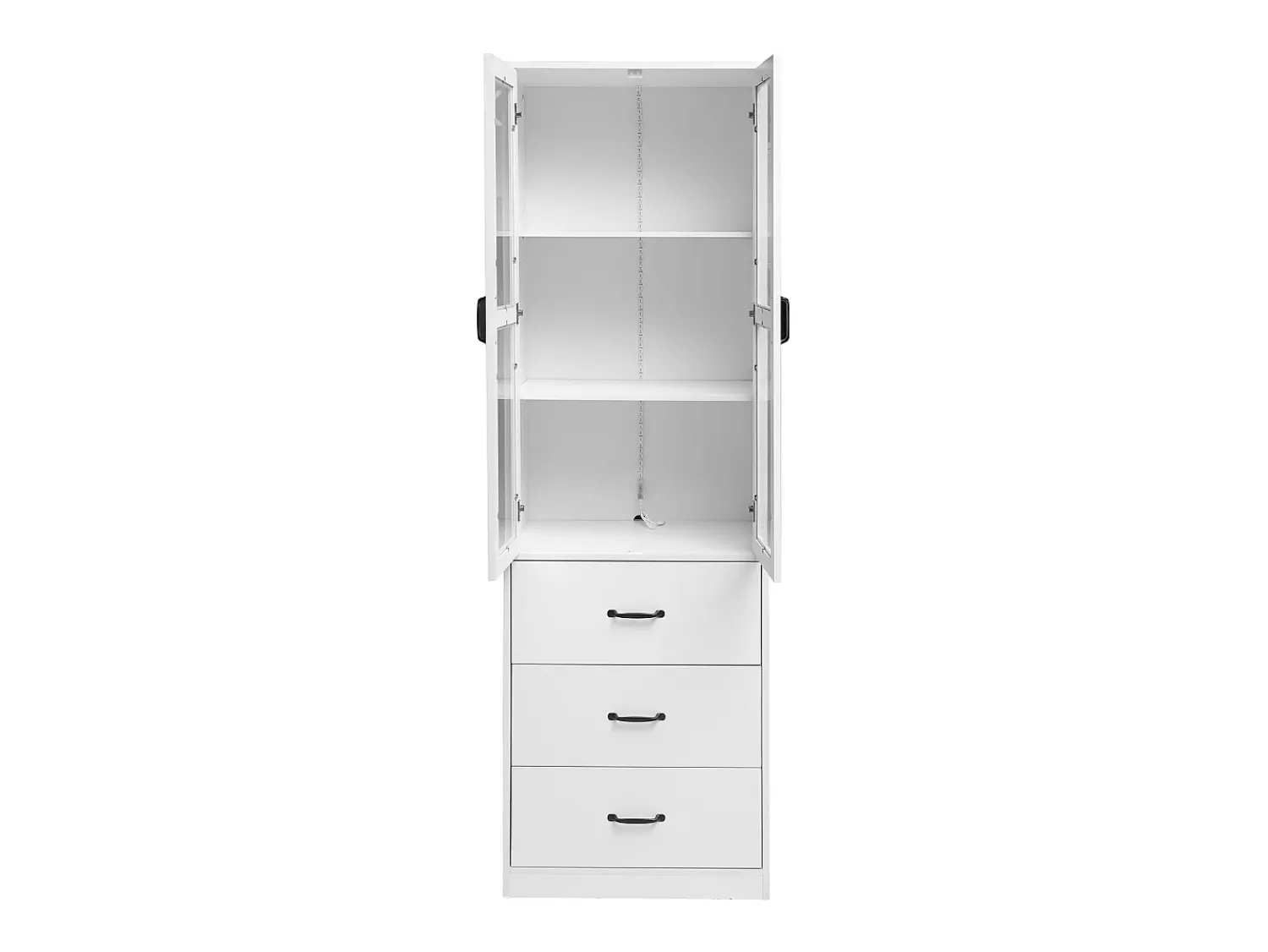 Vitrina|Hauss Spole Vitrine branca com 3 gavetas, 2 portas de vidro e luzes LED, prateleiras ajustáveis Branco