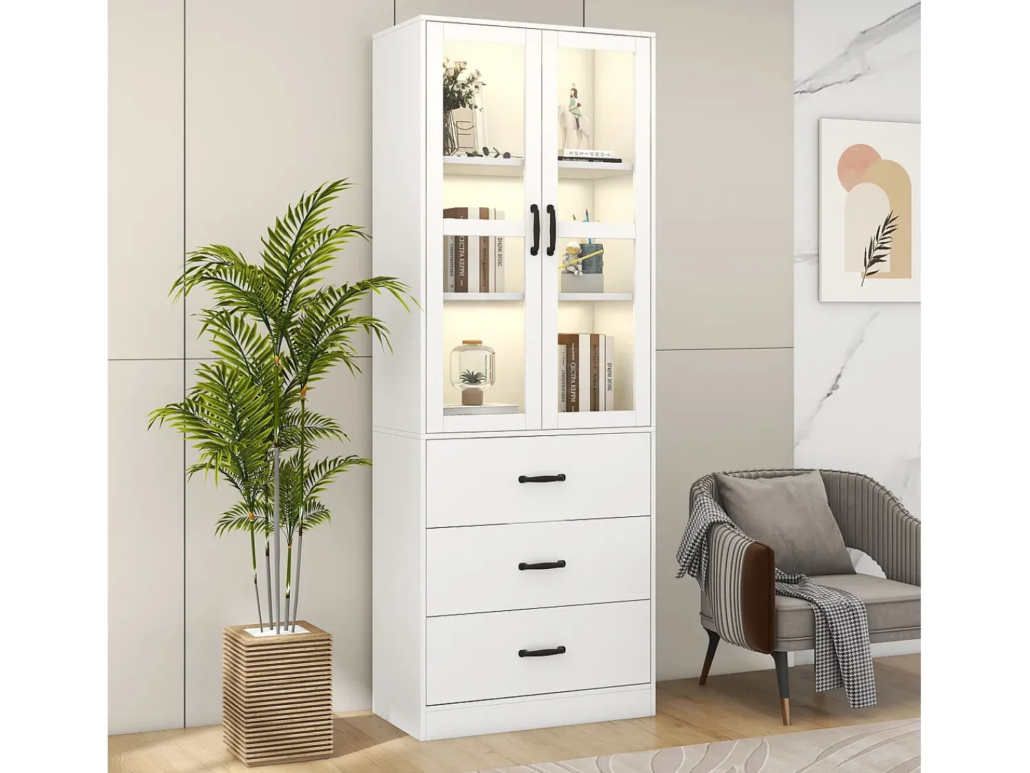 Vitrina|Hauss Spole Vitrine branca com 3 gavetas, 2 portas de vidro e luzes LED, prateleiras ajustáveis Branco