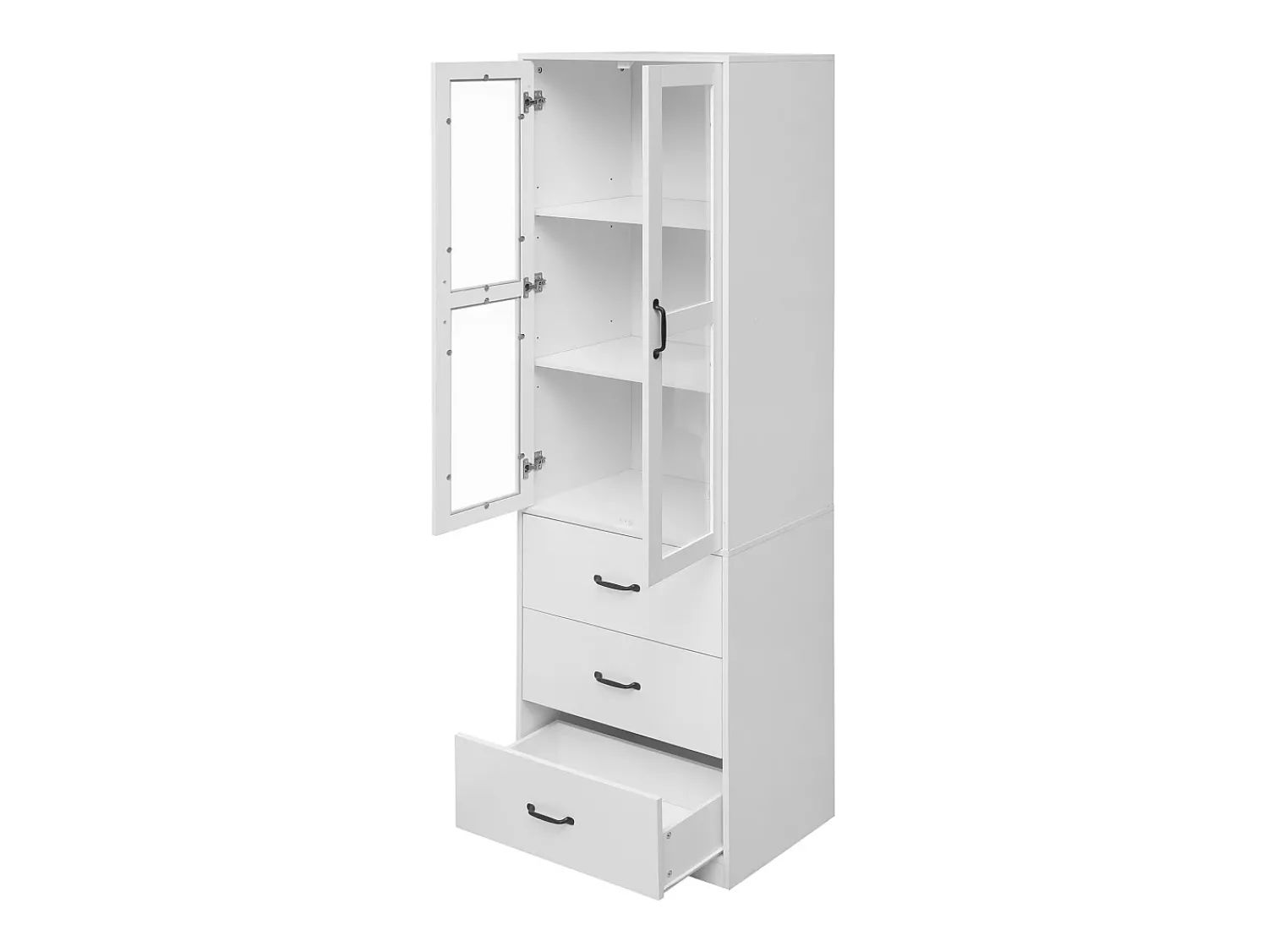 Vitrina|Hauss Spole Vitrine branca com 3 gavetas, 2 portas de vidro e luzes LED, prateleiras ajustáveis Branco