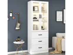 Vitrina|Hauss Spole Vitrine branca com 3 gavetas, 2 portas de vidro e luzes LED, prateleiras ajustáveis Branco