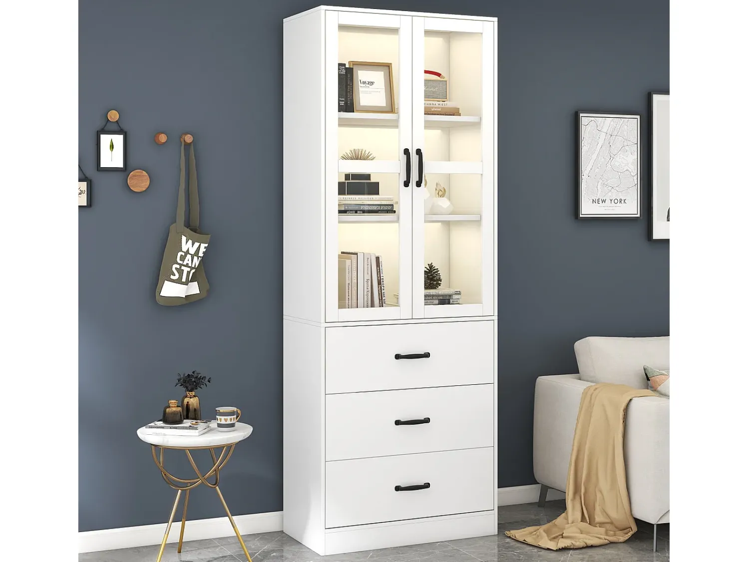 Vitrina|Hauss Spole Vitrine branca com 3 gavetas, 2 portas de vidro e luzes LED, prateleiras ajustáveis Branco