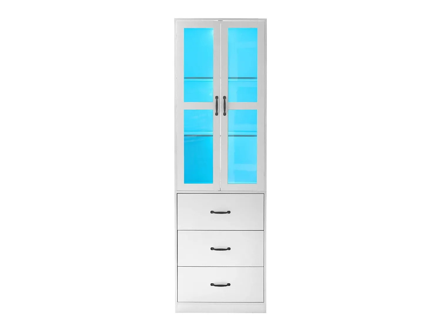 Vitrina|Hauss Spole Vitrine branca com 3 gavetas, 2 portas de vidro e luzes LED, prateleiras ajustáveis Branco