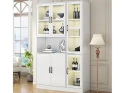 Best Hauss Spole Vitrine branca com 2 portas, 4 portas de vidro e luzes LED, puxadores pretos Branco