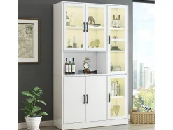 Best Hauss Spole Vitrine branca com 2 portas, 4 portas de vidro e luzes LED, puxadores pretos Branco