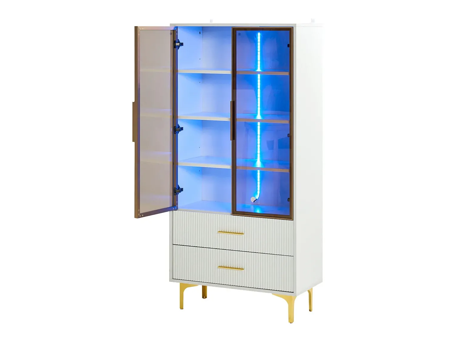 Vitrina|Hauss Spole Vitrine branca com 2 portas de vidro marrom e 2 gavetas, LED incluso - 70x35x150cm Branco
