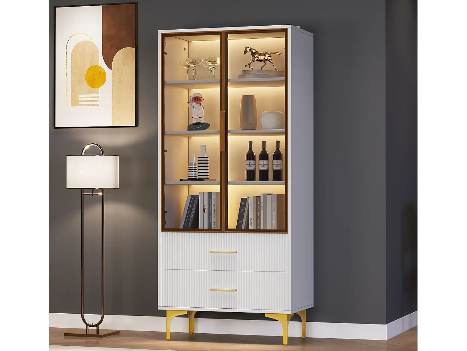 Vitrina|Hauss Spole Vitrine branca com 2 portas de vidro marrom e 2 gavetas, LED incluso - 70x35x150cm Branco
