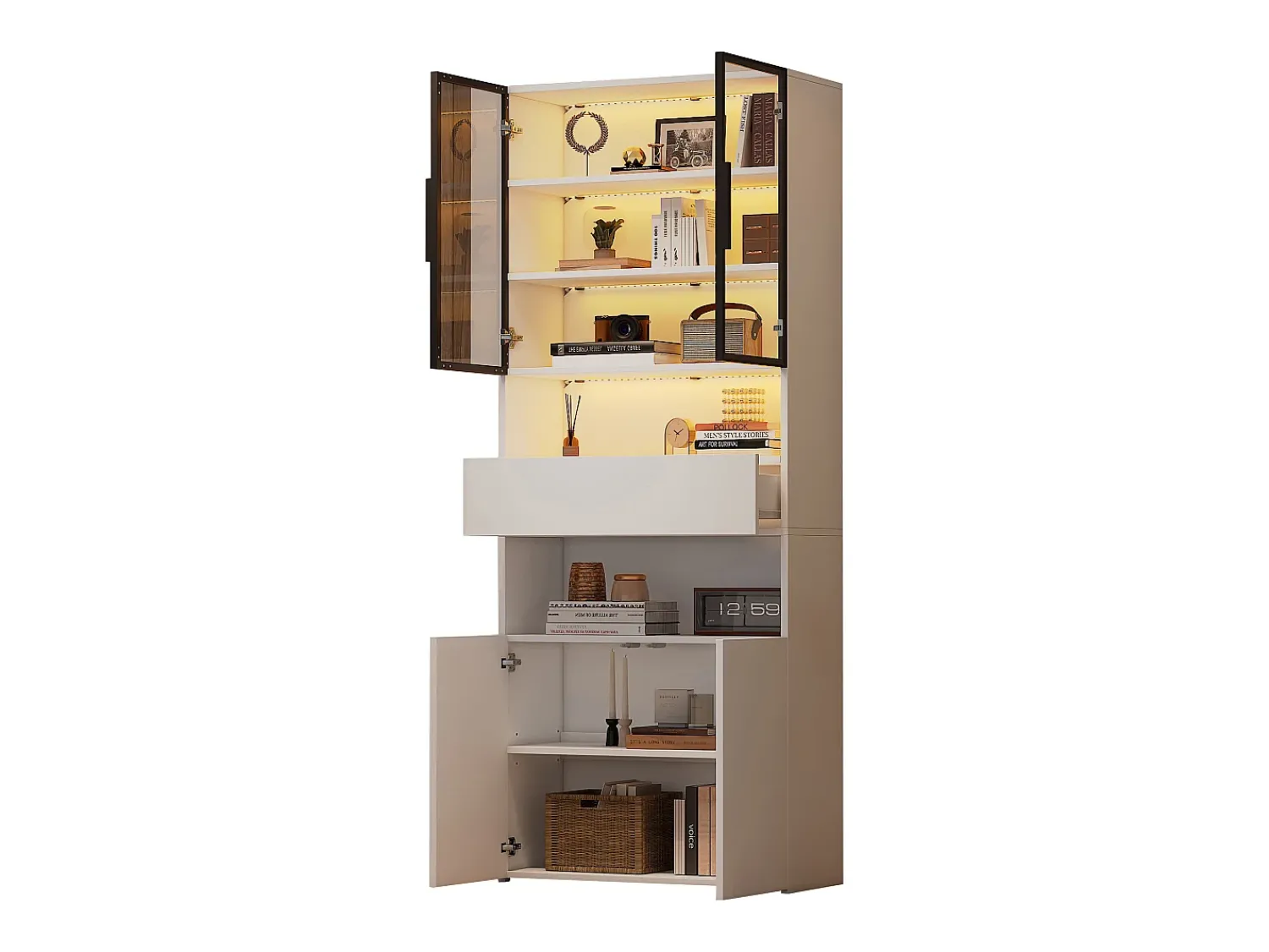 Hauss Spole Vitrine branca com 2 portas, 2 portas de vidro, gaveta e luzes LED, aglomerado Branco