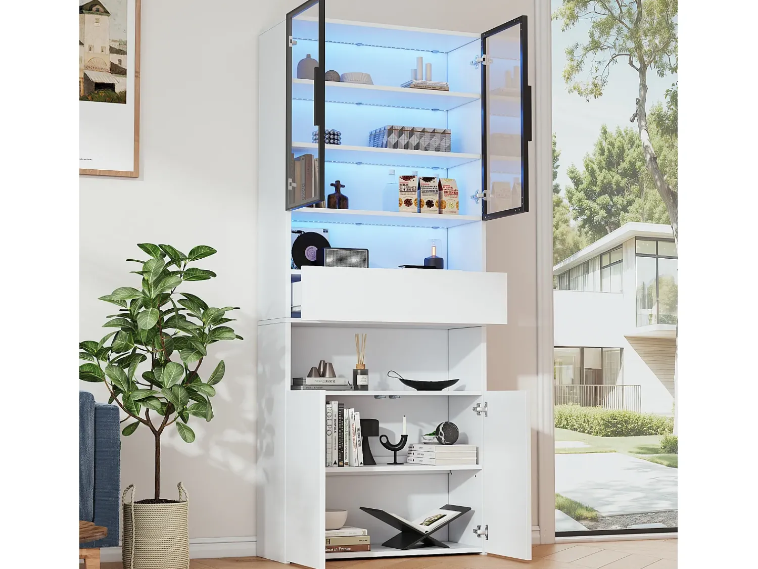 Hauss Spole Vitrine branca com 2 portas, 2 portas de vidro, gaveta e luzes LED, aglomerado Branco
