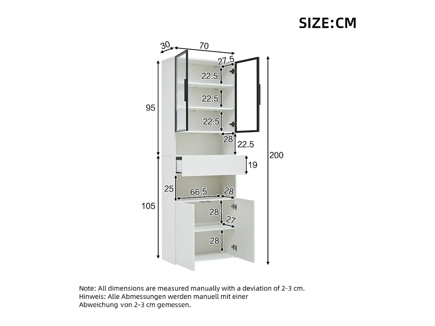 Vitrina* Vitrine branca com iluminação LED - Vitrine com 2 portas de vidro e 2 portas de madeira - 1 gaveta e espaço de arrumação aberto Branco