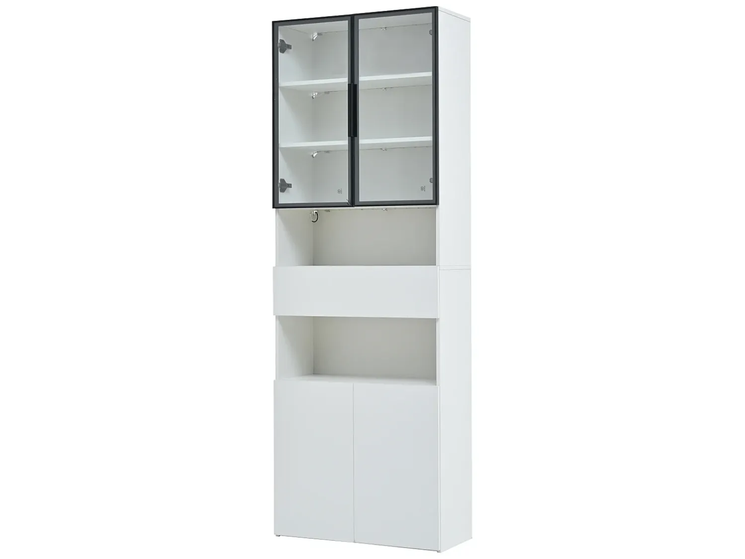 Vitrina* Vitrine branca com iluminação LED - Vitrine com 2 portas de vidro e 2 portas de madeira - 1 gaveta e espaço de arrumação aberto Branco